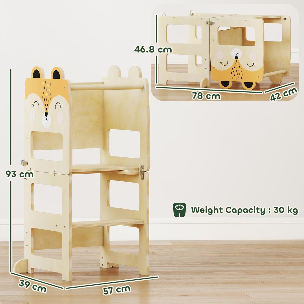 3 In 1 Toddler Tower Montessori Inspired W/ Chalkboard, Fox-Shaped