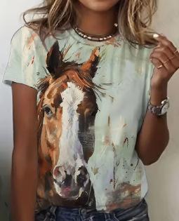 Women's T-Shirt Summer Vintage Women's T-Shirt Horse 3D Printed T-Shirt Men's and Women's Fashion, Comfortable, Crew Neck, Short Sleeve T-Shirt