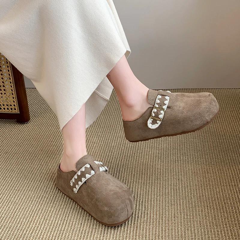 

Модная обувь женская 2025 Бренд Закрытый носок Женские тапочки Модная пряжка ремня Повседневная уличная Ретро Бестселлер Плоские тапочки Zapatos 40 хаки