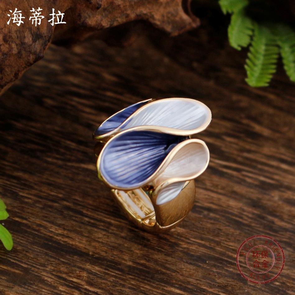 Nouvelle bague élastique pétale géométrique en émail, bague fleur simple et irrégulière pour femme