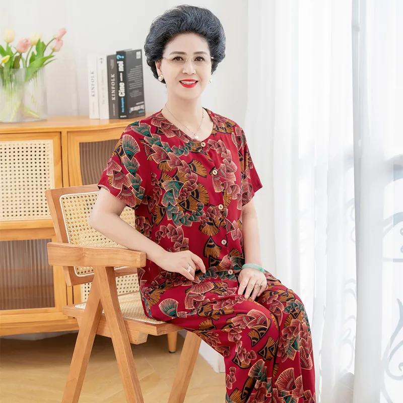 Women's Floral Print Two-Piece Set Short Sleeve Button-Down Top Pants Casual Outfit for Elderly