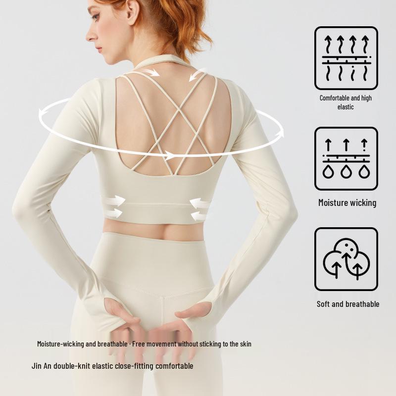 Damen Herbst Yoga Langarm Sportbekleidung mit Brustpolstern und gekreuztem Rücken