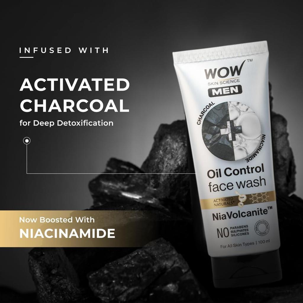 WOW Skin Science Men Charcoal Niacinamide Face Wash Oil Control Deep Cleanse 150ml Gentle Daily Cleanser for Oily Skin Shine Reduction