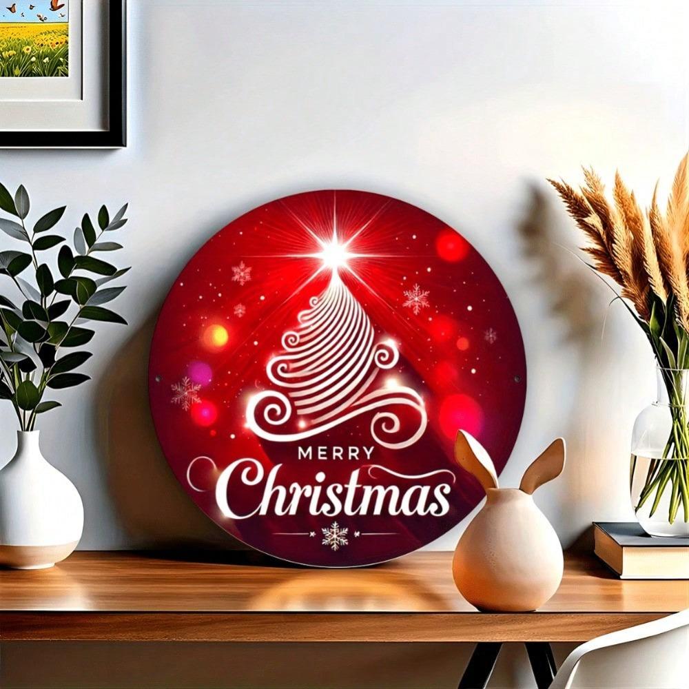 Christmas Round Metal Tin Sign Vintage Wreath Wall Art Holiday Decoration Gift 8 Inch