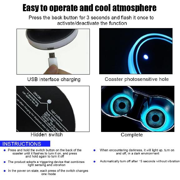 Mandark LED Car Cup Holder Lights, 2PCS Waterproof 7 Colors Changing Vehicle USB Charging Coaster Pad, Auto Interior Atmosphere Lamp Cup Mat