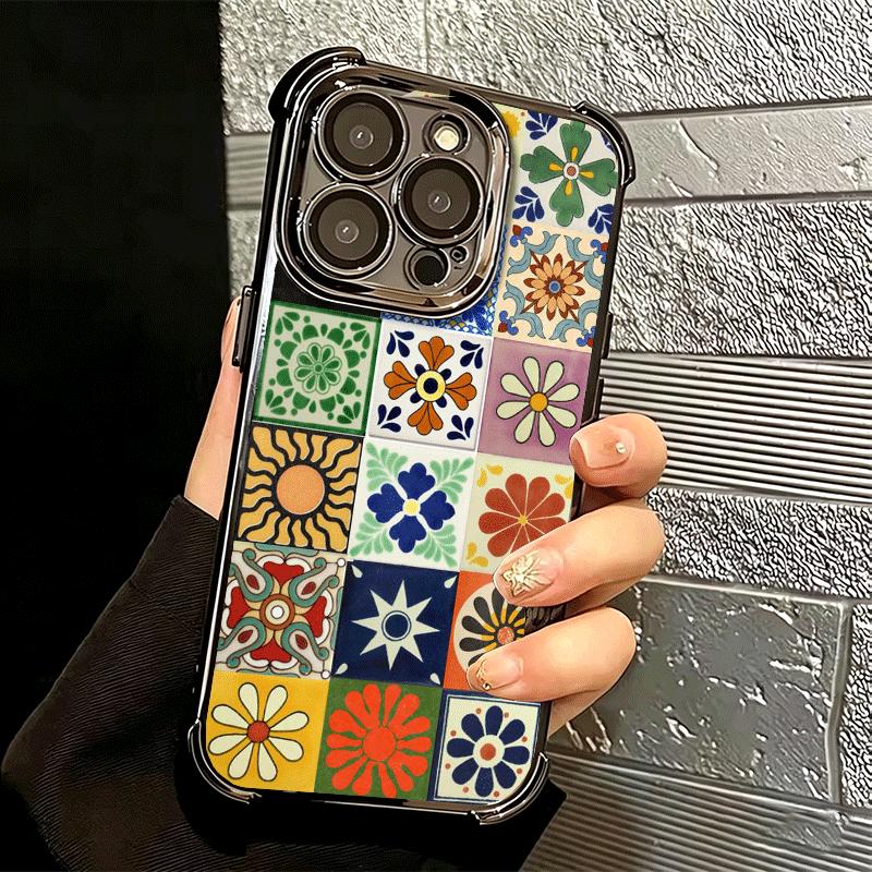 Italian Sicilian Style Floral Pattern Plating Phone Case For Iphone 16 17 Pro Max Air 16E 14 15 Plus 12 13 Mini Anti-Fall Airaba