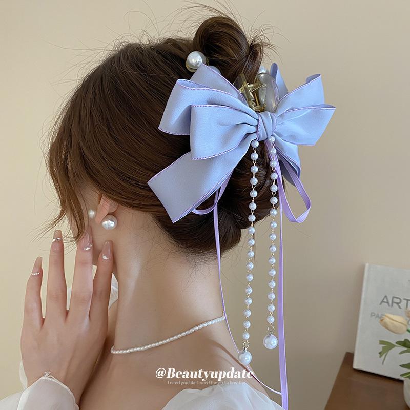 Elegant Faux Pearl Tassel Hair Clip with Bow for Women - Chic Updo Accessory