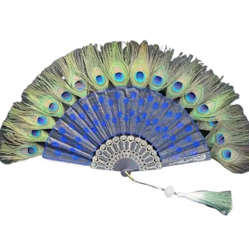 1PC Folding Fan Colorful Peacock Feather Home Decoration Embroidery Sequin High Quality Dance Hand Fans