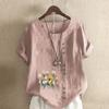 Women's New Fashion Linen Shirt Round Neck Short Sleeve Flowers Printed T-shirt Summer Ladies Casual Blouse Tops