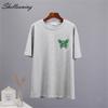 Shellsuning Sommer Baumwolle O Neck T Shirts Frauen Schöne Schmetterling Kurzarm 3D Brief Drucken Tees Lose Weiche Grundlegende Weibliche tops