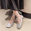 Ballet Flats Square Toe Rhinestone Crystal Decor Strap Summer Elegant Dress Black White Lace-up 2024 Women Shoes