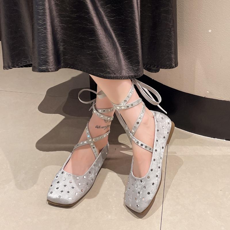 Ballet Flats Square Toe Rhinestone Crystal Decor Strap Summer Elegant Dress Black White Lace-up 2024 Women Shoes