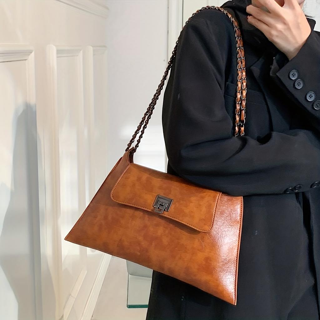 Vintage Metal Chain Underarm Bag, PU Leather Textured Bag Purse, Fashion Versatile Baguette Bag