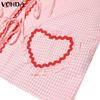 VONDA Women V-Neck Long Sleeve Bow Knot Plaid Heart Print Casual Loose Shirts