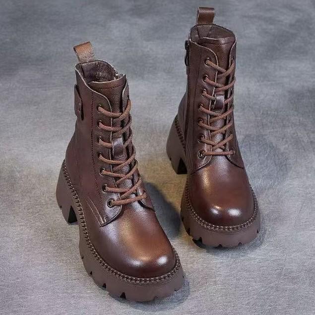 Leather Single Boots Autumn and Winter Velvet Versatile Soft-soled Martin Boots High Heel Small Boots Boots Women