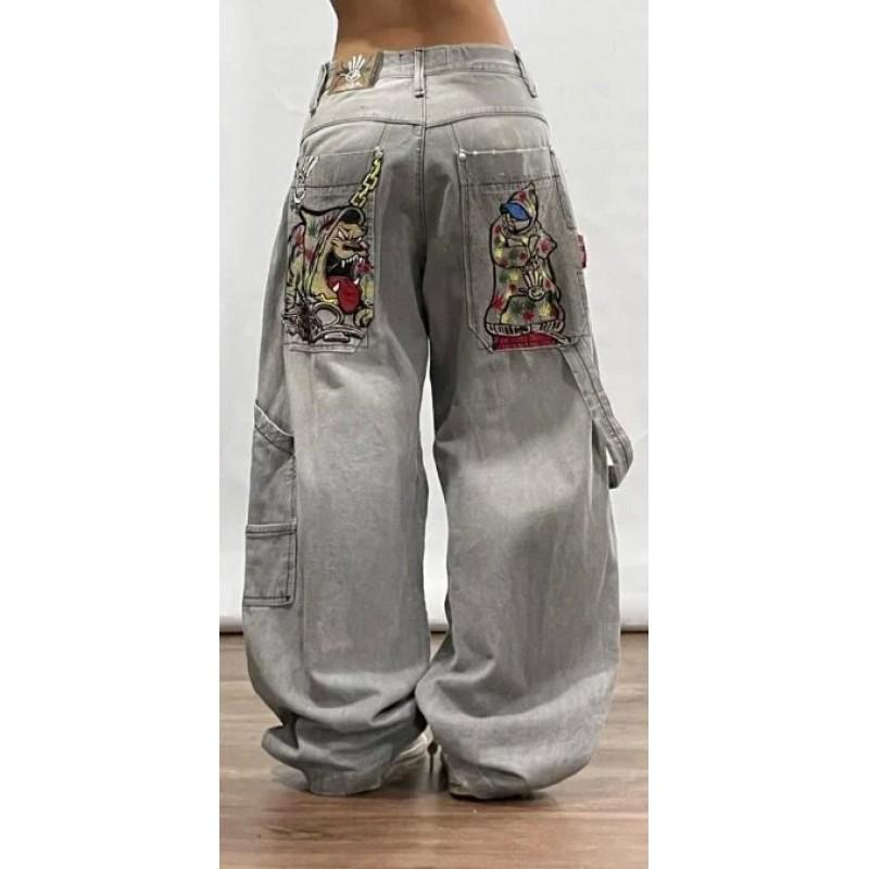Mens Y2K Streetwear Denim Pants Loose Fit High Waist Retro Graphic Straight Leg Jeans
