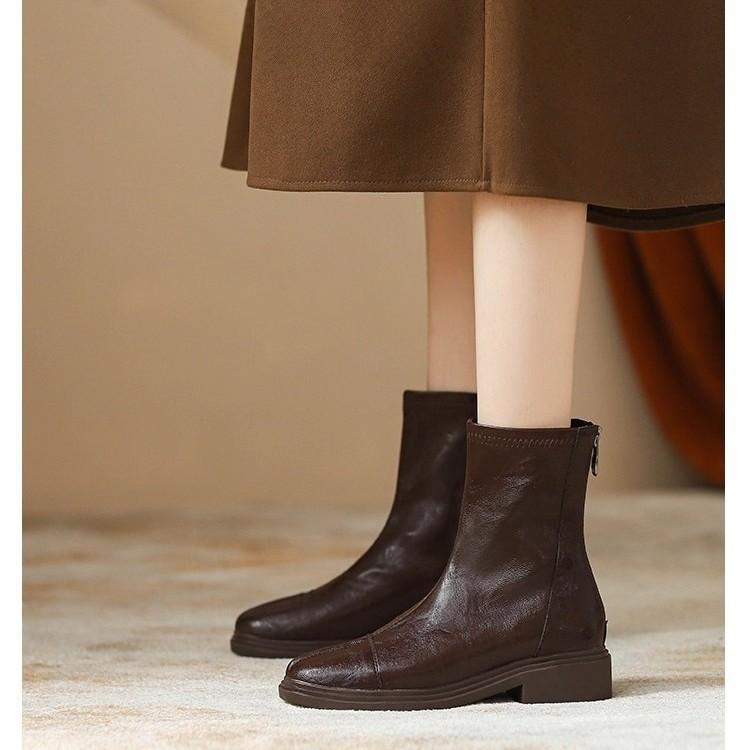 Washed Cowhide~ British Folded Chelsea Boots Brown Fleece Martin Boots Women's Early Autumn Short Boots Skinny Boots