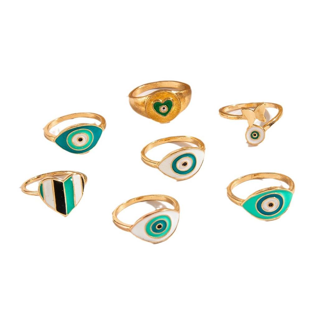 Fashion Dripping Eyes Love Ring Set Creative Geometric Round Butterfly Joint Ring Seven-Piece Set