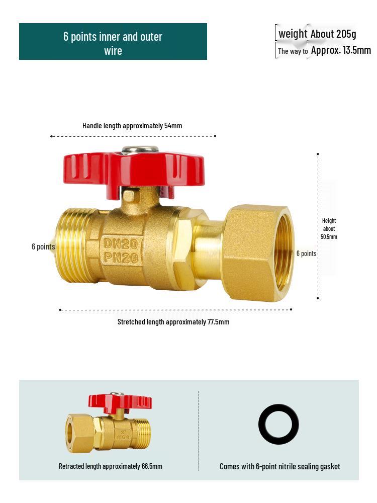 Full Copper Water Heater Union Ball Valve, Male/Female Thread, 6 to 4 Points Large Flow for Wall-Hung Boiler