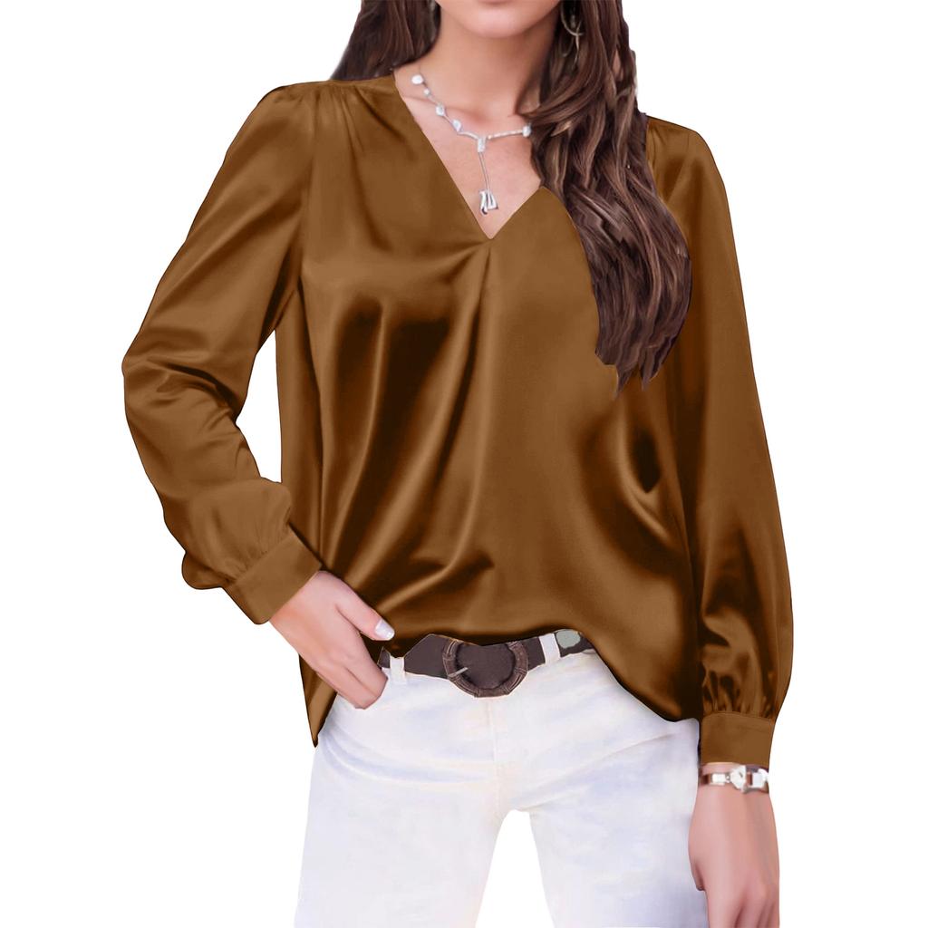 Women's V,Neck Casual Loose Satin Ruched Long Sleeve Work Blouse