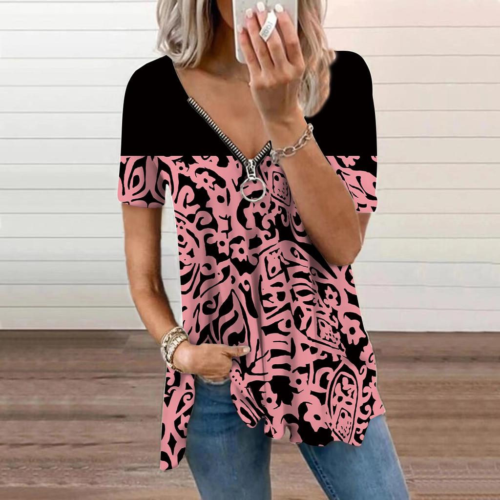 Women's Top Summer New Fashion Blue Curved Pattern Printed Casual Zipper V-neck Short Sleeve Top