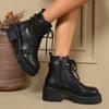 Fashion Chunky Platform Combat Boots for Women Fashion Buckle Strap Thick Heel Ankle Boots Woman Autumn Winter Black PU Leather Booties