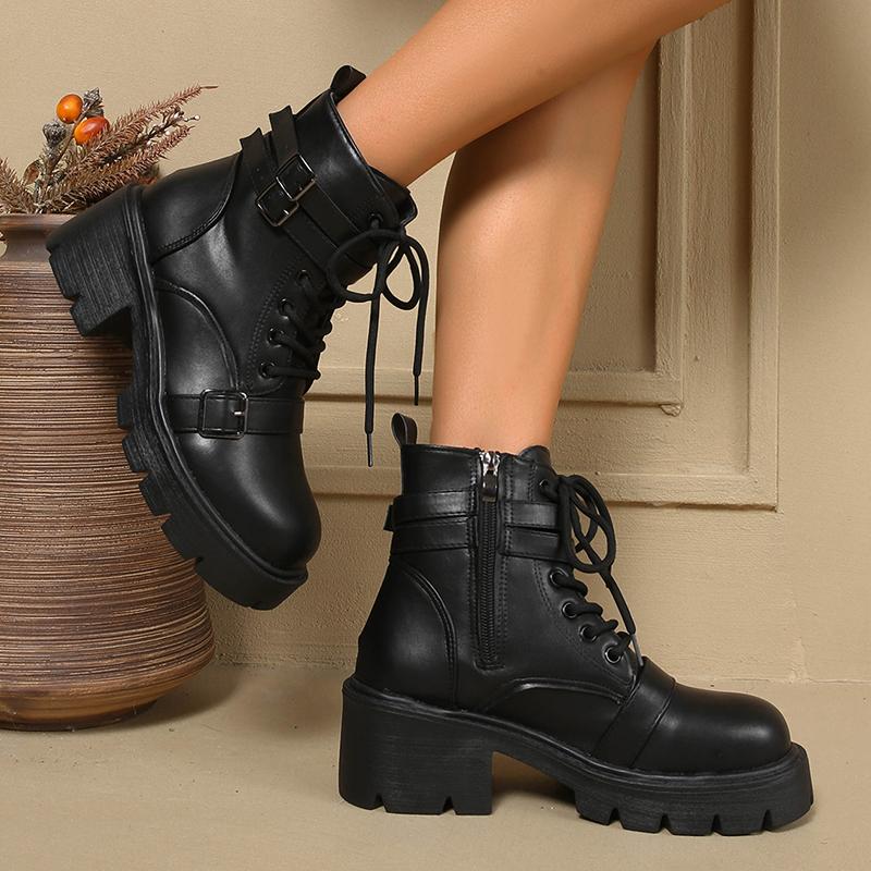 Fashion Chunky Platform Combat Boots for Women Fashion Buckle Strap Thick Heel Ankle Boots Woman Autumn Winter Black PU Leather Booties