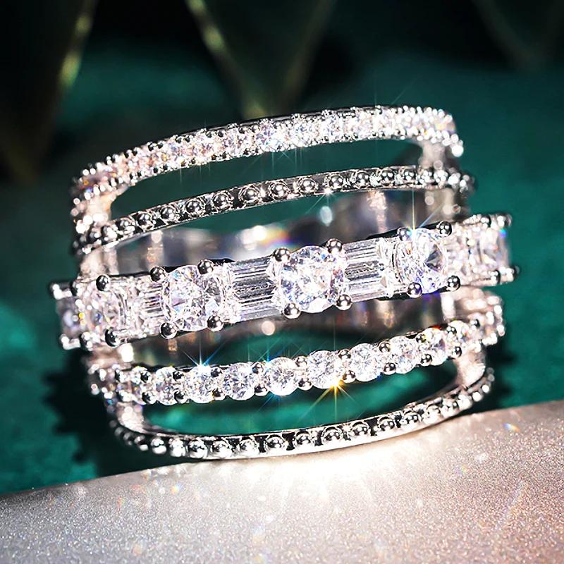 Huitan New Trendy Women Rings Hollow Multi Lines Design Luxury Cubic Zirconia Rings Fashion  Daily Wear Party Accessories