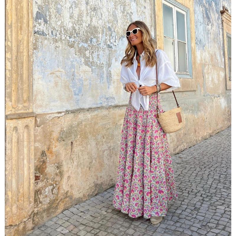 

Fashion Loose Floral Printed Casual Skirts 2026 Spring Summer Women Elegant Pleated Swinging Beach Vacation A-line Long Skirts Ladies Holiday Clothing XL рожевий