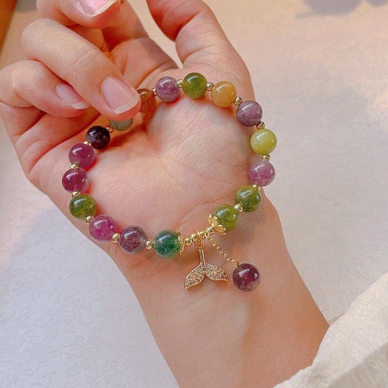 Women's Luxury Natural Stone Tourmaline Bracelet with Whale Tail Tassel Pendant - Seven-Color Handcrafted Jewelry Gift for Girlfriend