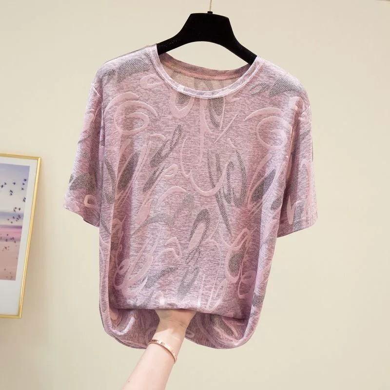 Summer Women's Short Sleeved Round Neck T-shirt with Abstract Pattern for Middle-aged Moms
