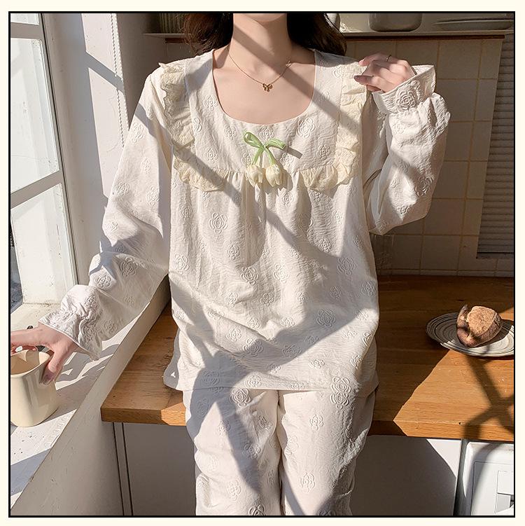 Women's Long Sleeve Pajama Set with Chest Pads, Princess Style, Sweet Home Wear, Spring/Autumn, 2-Piece, Suitable for Outdoors.