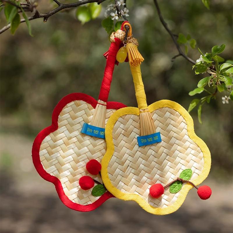 Cherry Handmade Mini Cattail Fan - Cute Cartoon Design, Portable Ancient Chinese Style for Summer