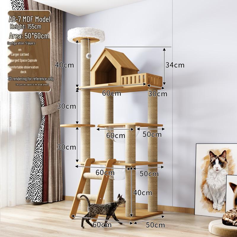 Solid Wood Large Cat Tree with Space Capsule and Jumping Platform