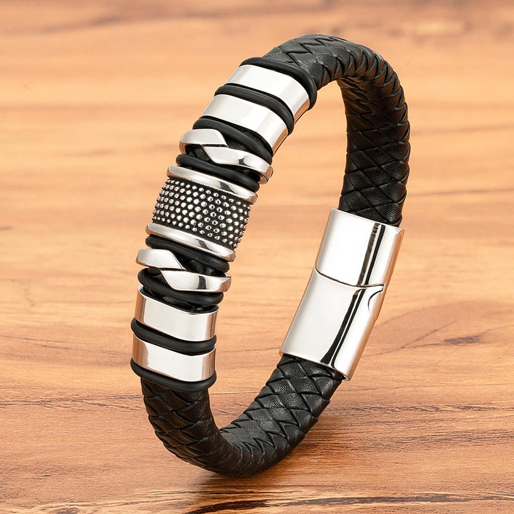 Fashion Braided Rope Wrap Black Leather Bracelets for Men Classic Style Stainless Steel Bangle Couple Charm Jewelry Gifts