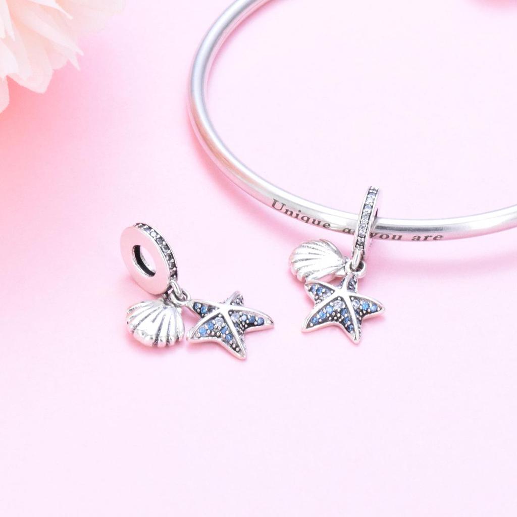 S925 Sterling Silver Starfish, Dolphin, and Turtle Charm Bracelet with Beaded Accessories