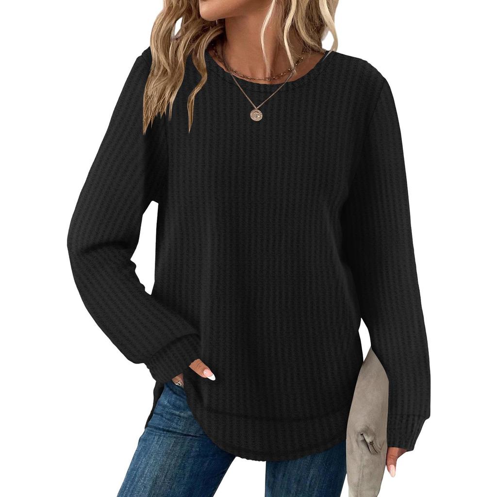 2025 European Style Women's Casual Loose Solid Long Sleeve Waffle Knit Round Neck Top