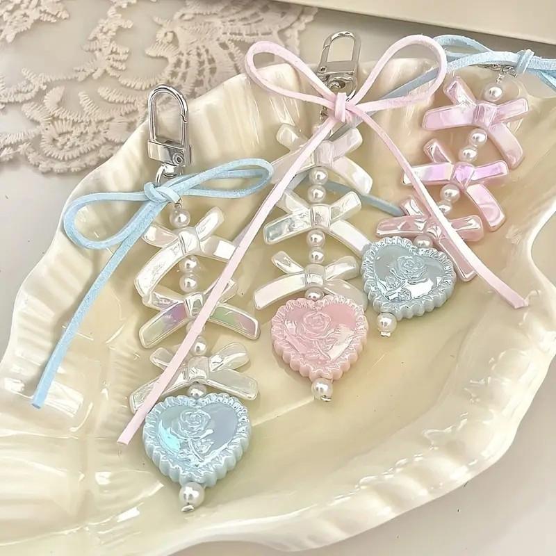 Sweet Heart Shape Pendant Keychain Bow Ribbon Beaded Key Chain For Women Phone Lanyard Backpack Decoration Accessories Gifts