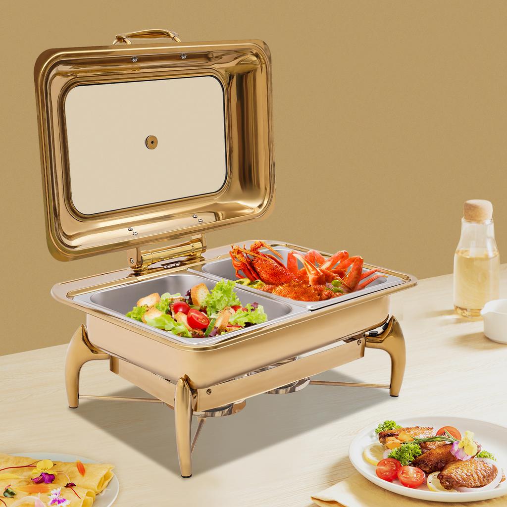 9L Gold Rectangle Dual Compartment Chafing Dish Buffet Set, Serving Plate for Kitchen & Dining - 90° Opening Angle, 58.5x44x30cm