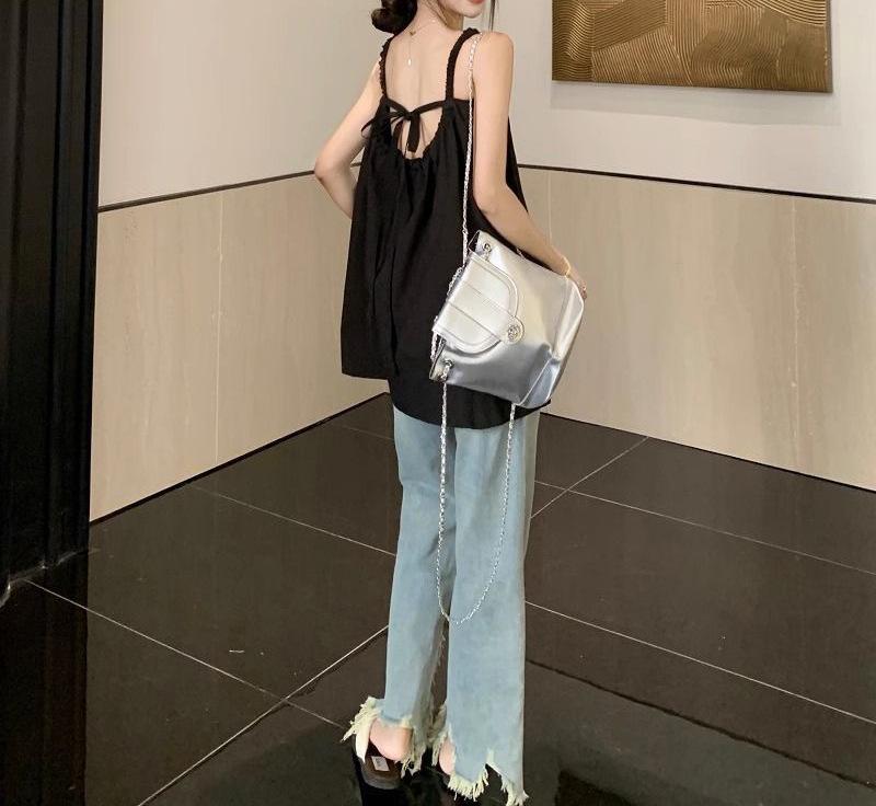 Summer Women's Black Sleeveless Backless Lace-Up Top, Loose Fit, Versatile Holiday Style