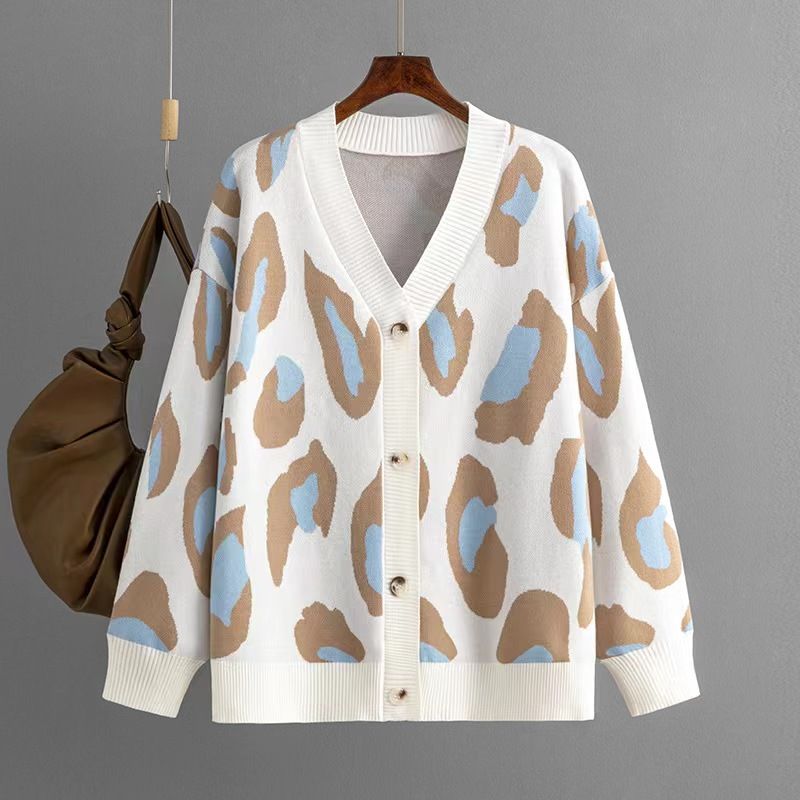 

Fashion Fashion Leopard Jacquard Cardigan Knitted Coat Loose Sweater Leopard Jacquard Sweater Light Blue One size