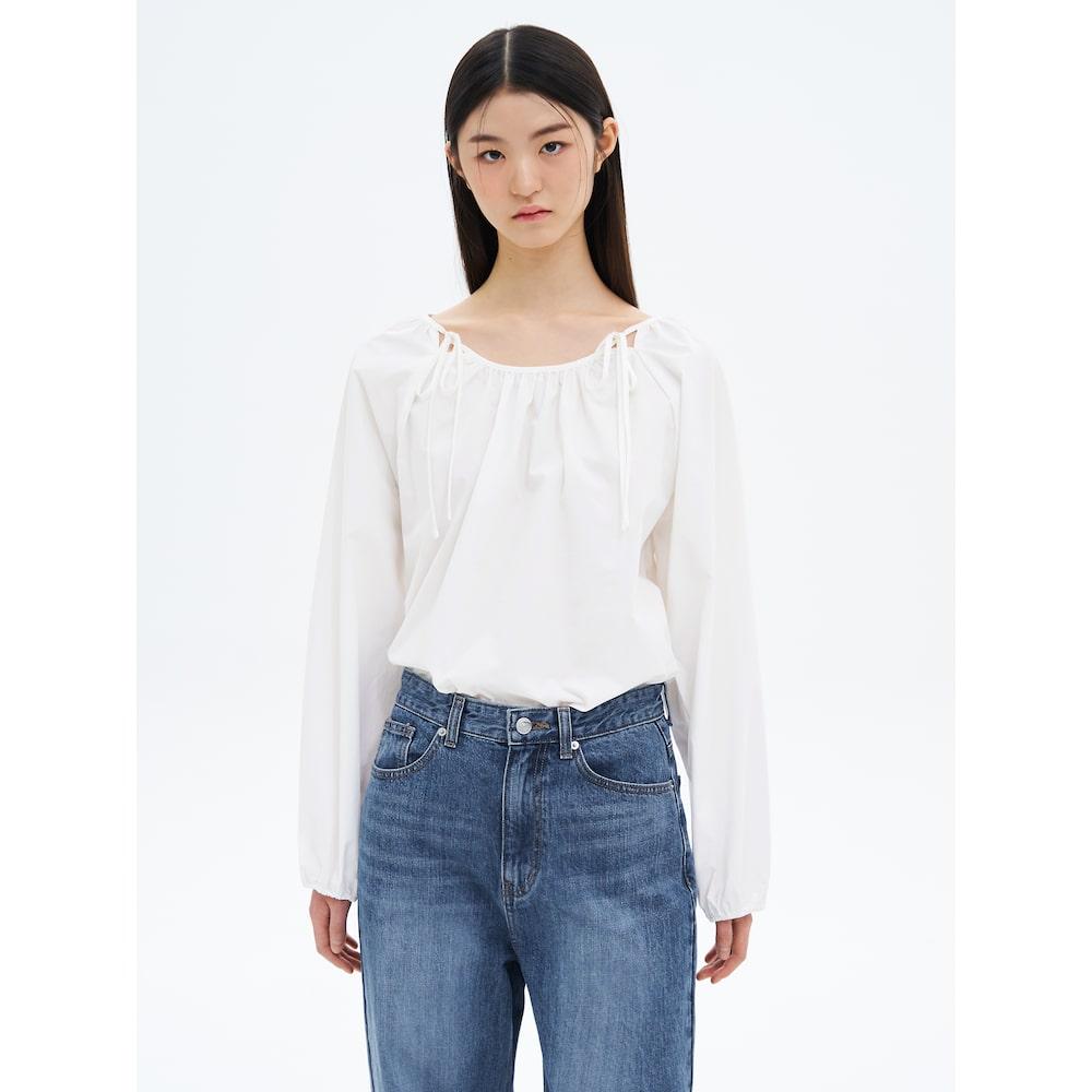 8Seconds Round Neck Ribbon Shirred Blouse White White/S