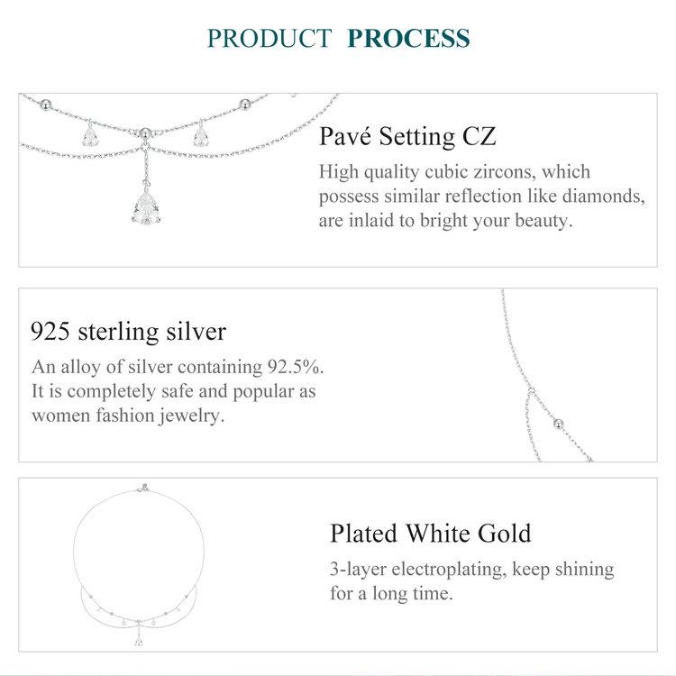 BAMOER 925 Sterling Silver Shining Droplet FringeTassel Pendant Necklace Double-layer Necklace for Women Fine Jewelry Gift