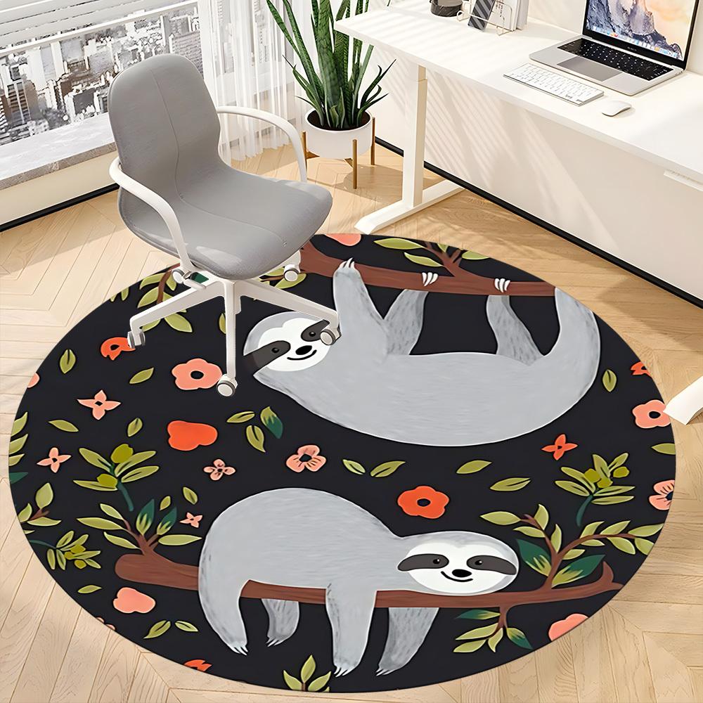 1pc Sloth Floral Office Round Area Rug, Indoor Mat Suitable For Office, Under Office Chairs Bedroom Living Room Home Decor, Room Deco