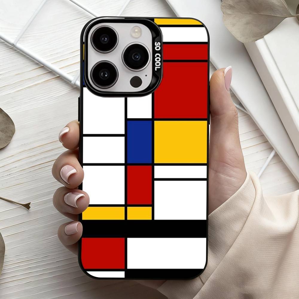 M-Mondrian-B-Bauhaus A-Abstract Shapes  Phone Case For iPhone17,16,15,14,13,12,11 Plus,Pro Max Black Candy Silver Plated Cover