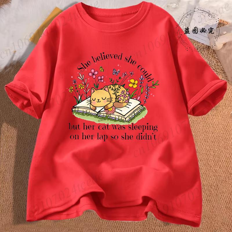She Believed She Could Tees Tops Funny Floral Cat Shirt Women Fashion Tshirt Tops Oversize Summer Tshirt Short Sleeves Clothing