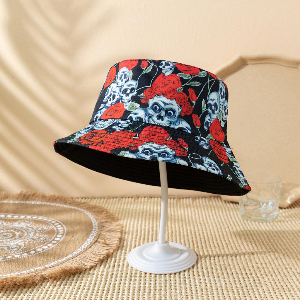 Cross-border Halloween atmosphere, funny hat, fashionable printed rose finger skull fisherman hat, double-sided basin hat