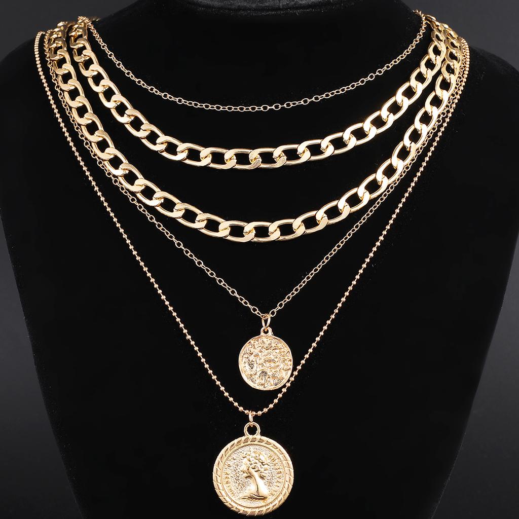 5 Pcs Vintage Punk Coin Pendant Necklace Set for Women Men Fashion Hip Hop Multilayer Thick Chain Necklace Daily Jewelry Gift