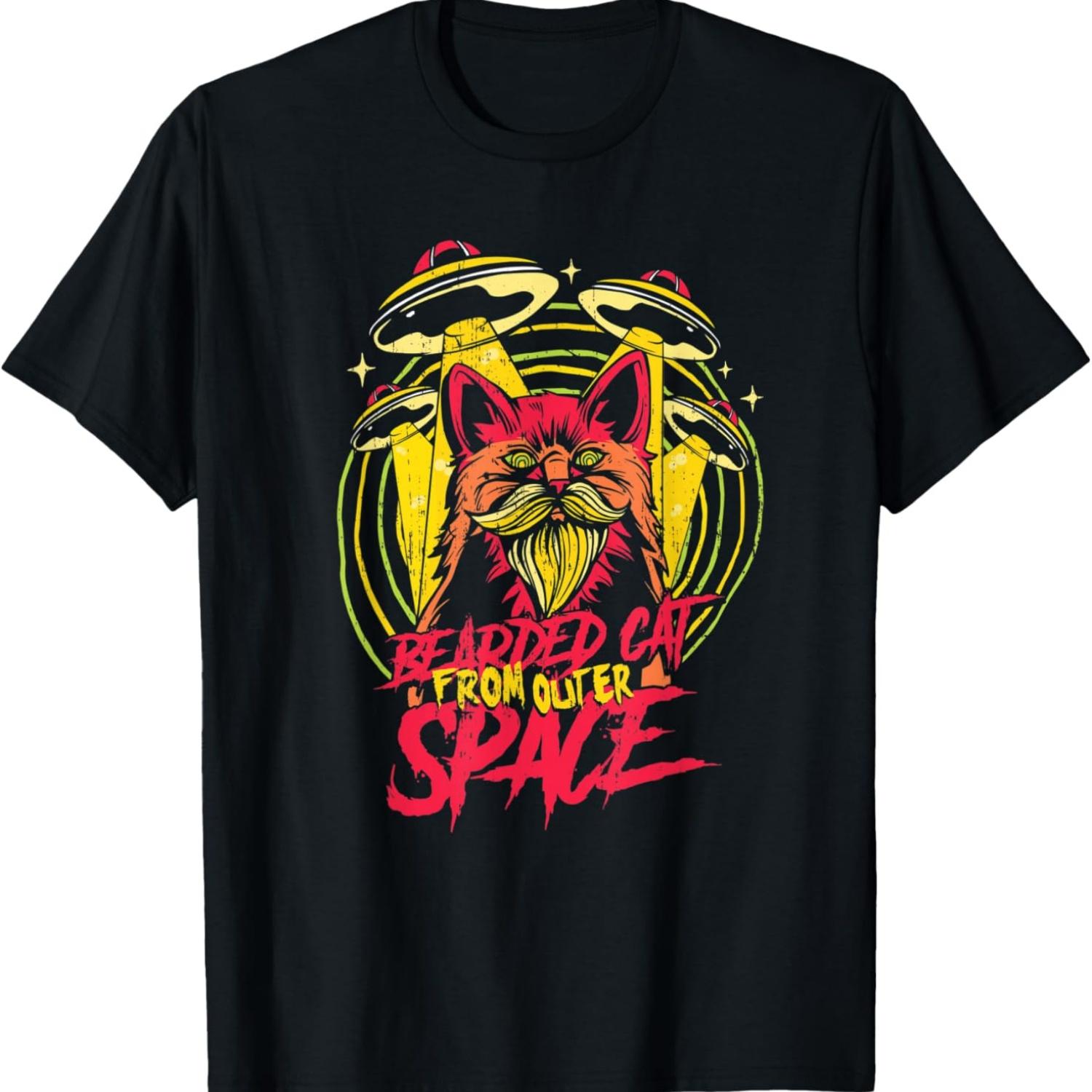 

Bearded Space Cat Overlord Vintage UFO Poster Lover T-Shirt S