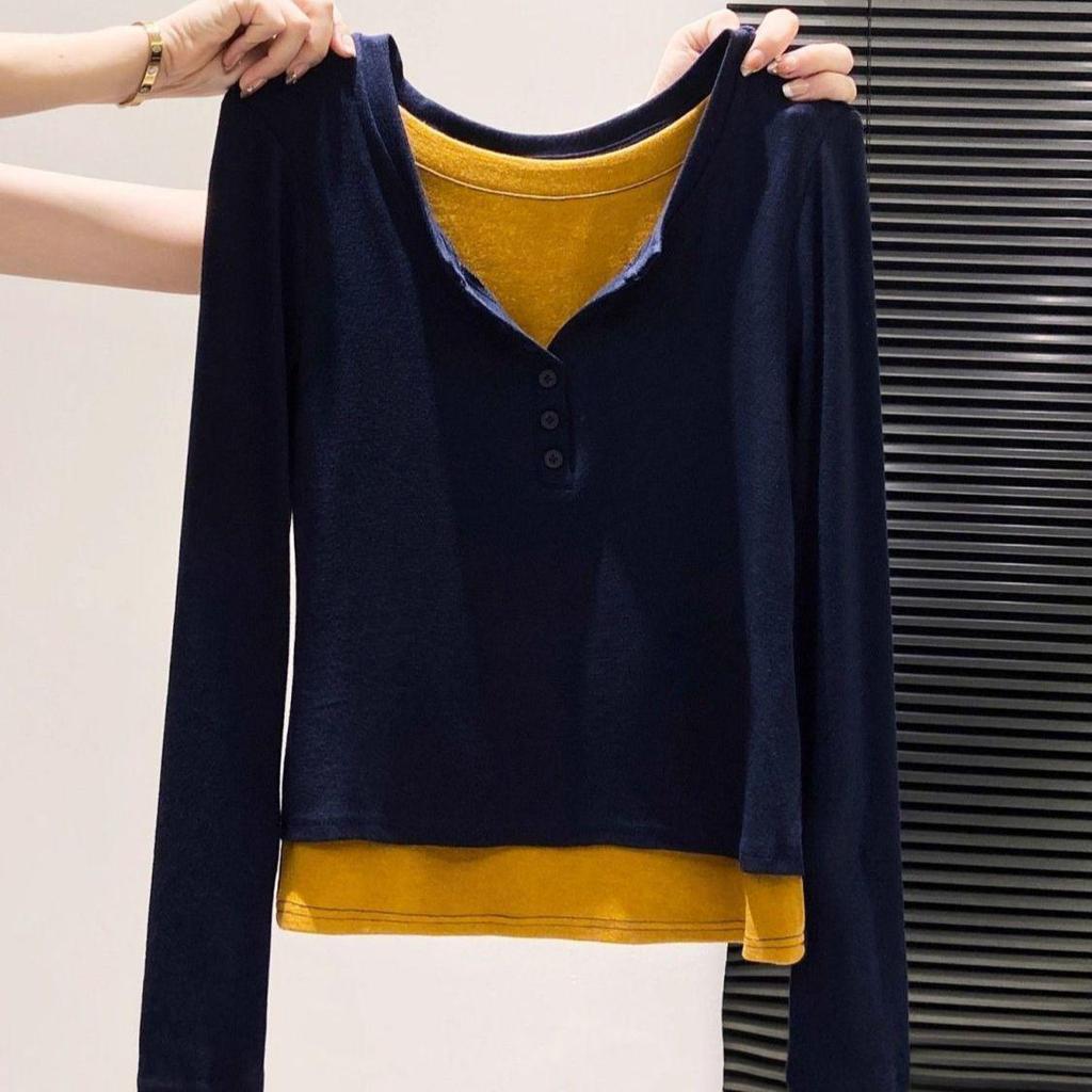 Damen Übergröße Samt Kontrast Langarm Zweiteiliger Look Schlankmachendes Herbst Oberteil